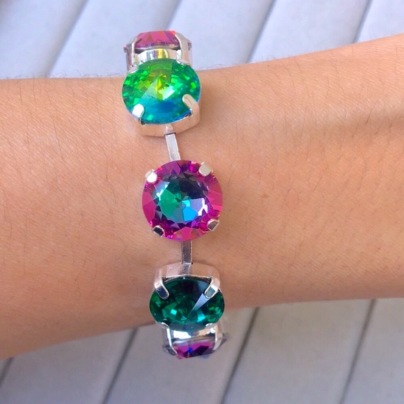 Jewelry - Iridescent Emerald + Fuchsia Heliotrope Silver Crystal Tennis Bracelet